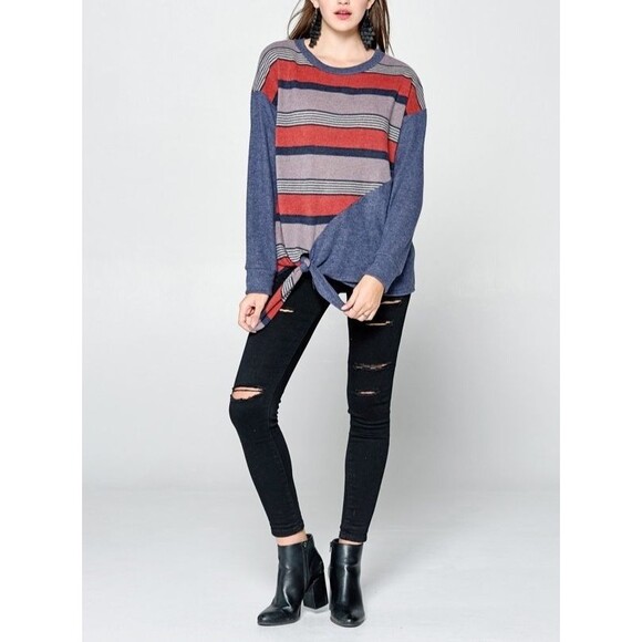 ODDY Tops - Women’s Long Sleeve Striped Top Navy Rust Tie Front Detail Size M Runs Large